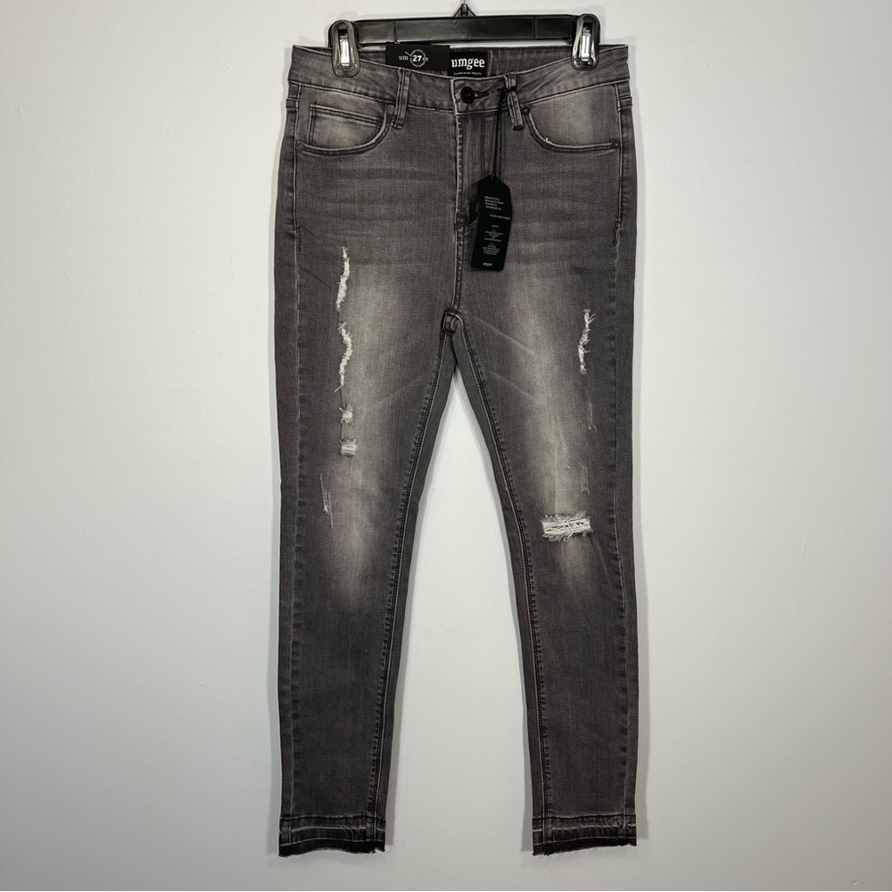 NEW Umgee Pants Womens 27 Black Denim Exposed Hem Distressed High Rise Skinny